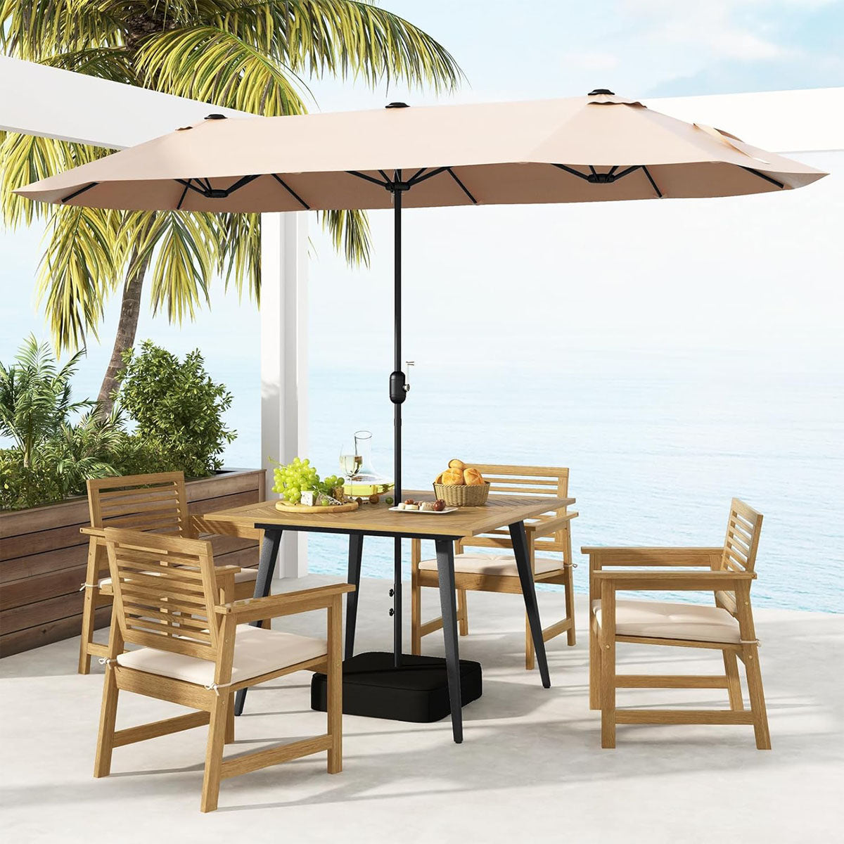 Garden table with umbrella hole Square patio table made of acacia wood for 4 people