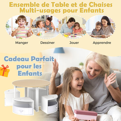 5 Piece Kids Table and Chair Set with 4 Storage Stools-Natural