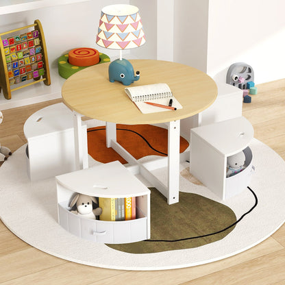 5 Piece Kids Table and Chair Set with 4 Storage Stools-Natural