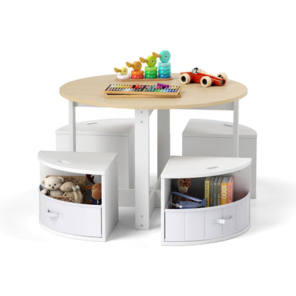 5 Piece Kids Table and Chair Set with 4 Storage Stools-Natural