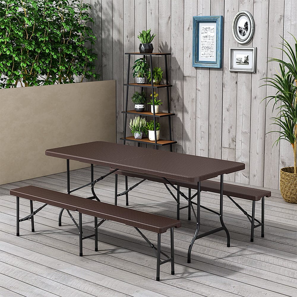 Rattan Plastic Outdoor Folding Table Bench Set Brown