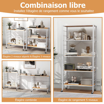 5-Tier Foldable Shelving Unit Metal Shelves with Detachable Wheels-Natural