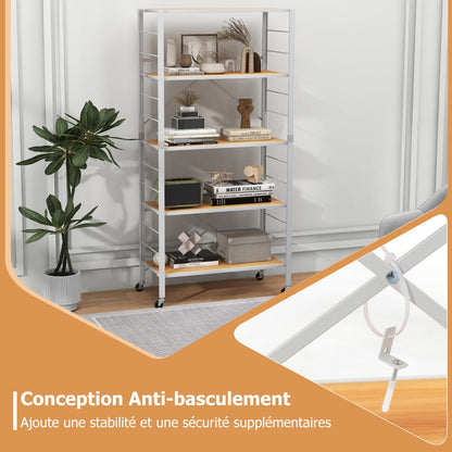 5-Tier Foldable Shelving Unit Metal Shelves with Detachable Wheels-Natural
