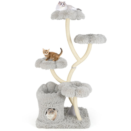 Tall Cat Tree with 4 Flower-shaped Platforms and Sisal Scratching Posts-Grey