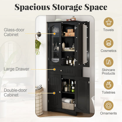 160cm Freestanding Linen Tall Bathroom Storage Cabinet with 2 Glass Doors-Black