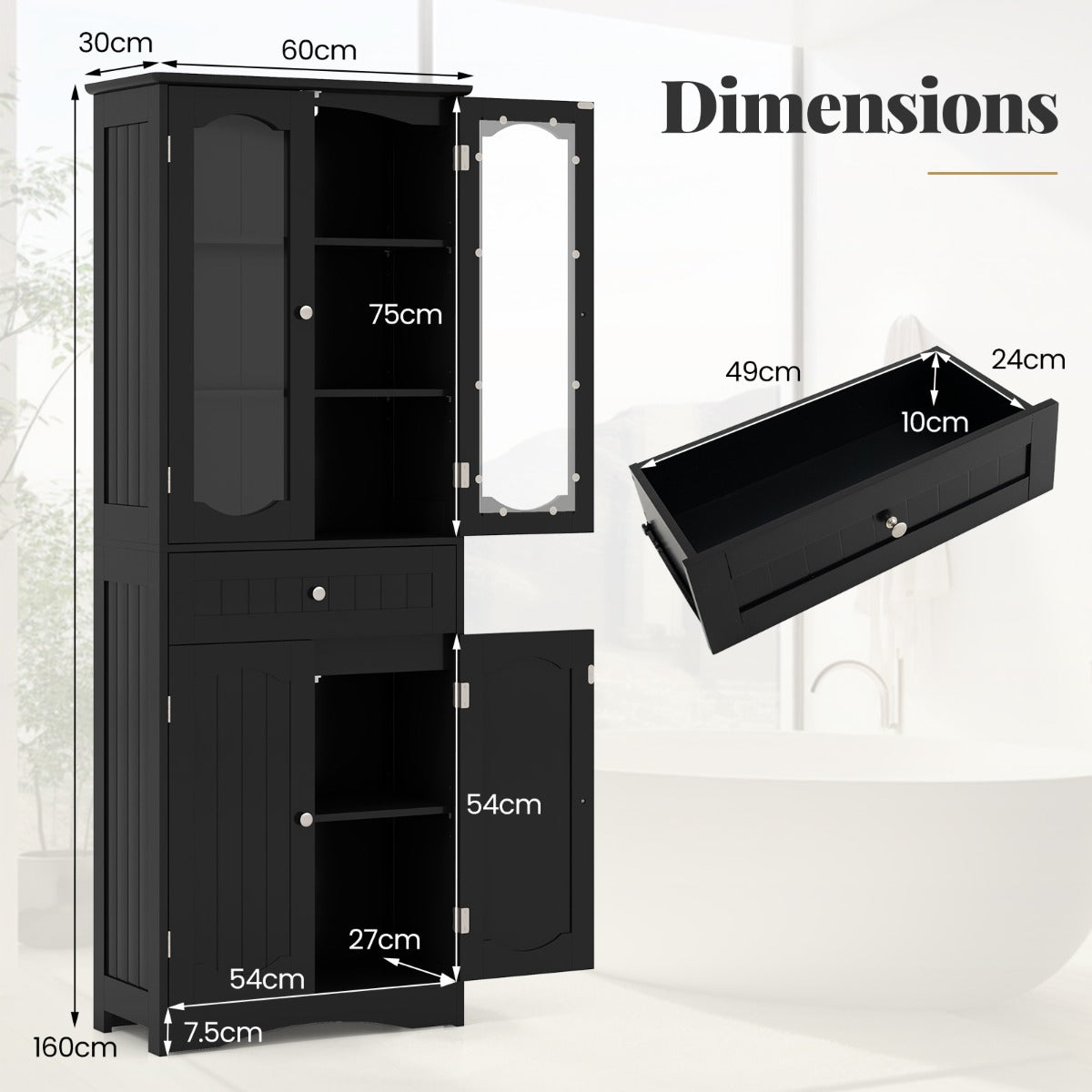 160cm Freestanding Linen Tall Bathroom Storage Cabinet with 2 Glass Doors-Black