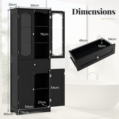160cm Freestanding Linen Tall Bathroom Storage Cabinet with 2 Glass Doors-Black