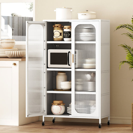 5-Tier Tall Kitchen Pantry with Adjustable Shelves and Semi-Transparent Doors-White