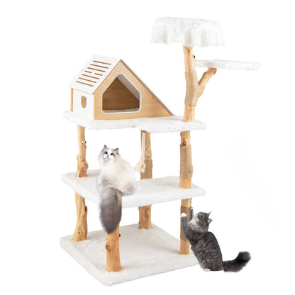 149 cm Tall Solid Wood Cat Tree with 2 Perches Condo and Jute Scratching Posts-White