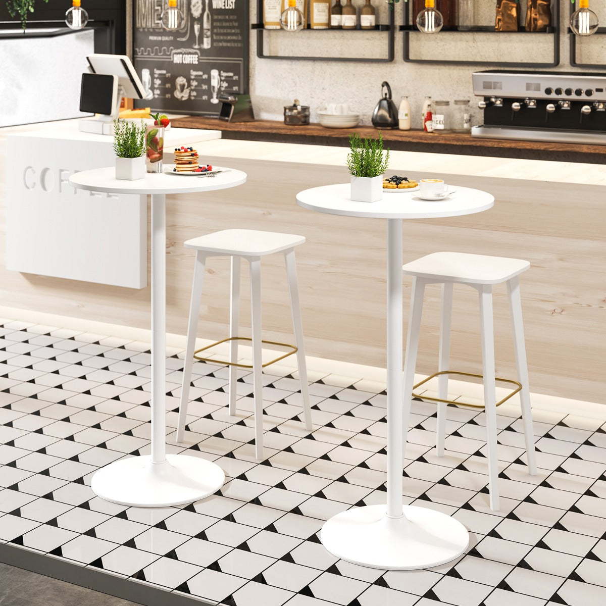 101.5cm Cocktail Table Converts to 56cm Coffee Table, 2-Piece Round Bistro Table in Elegant Powder Coat Finish White