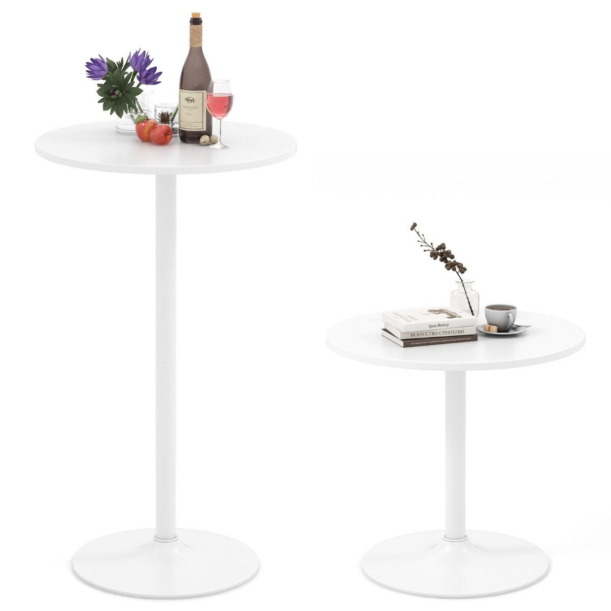 101.5cm Cocktail Table Converts to 56cm Coffee Table, 2-Piece Round Bistro Table in Elegant Powder Coat Finish White
