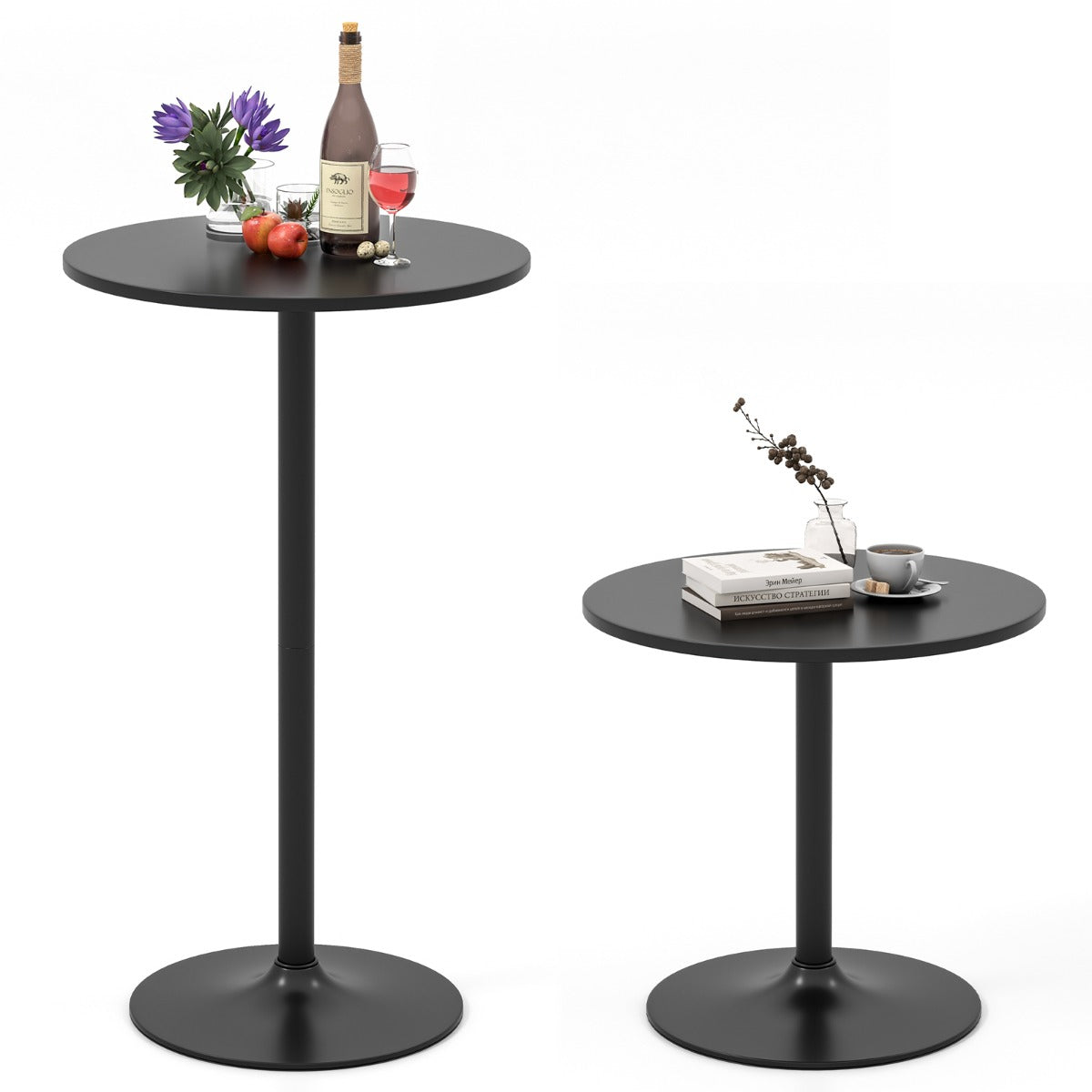 101.5cm Cocktail Table Converts to 56cm Coffee Table, 2-Piece Round Bistro Table in Elegant Powder Coated Black