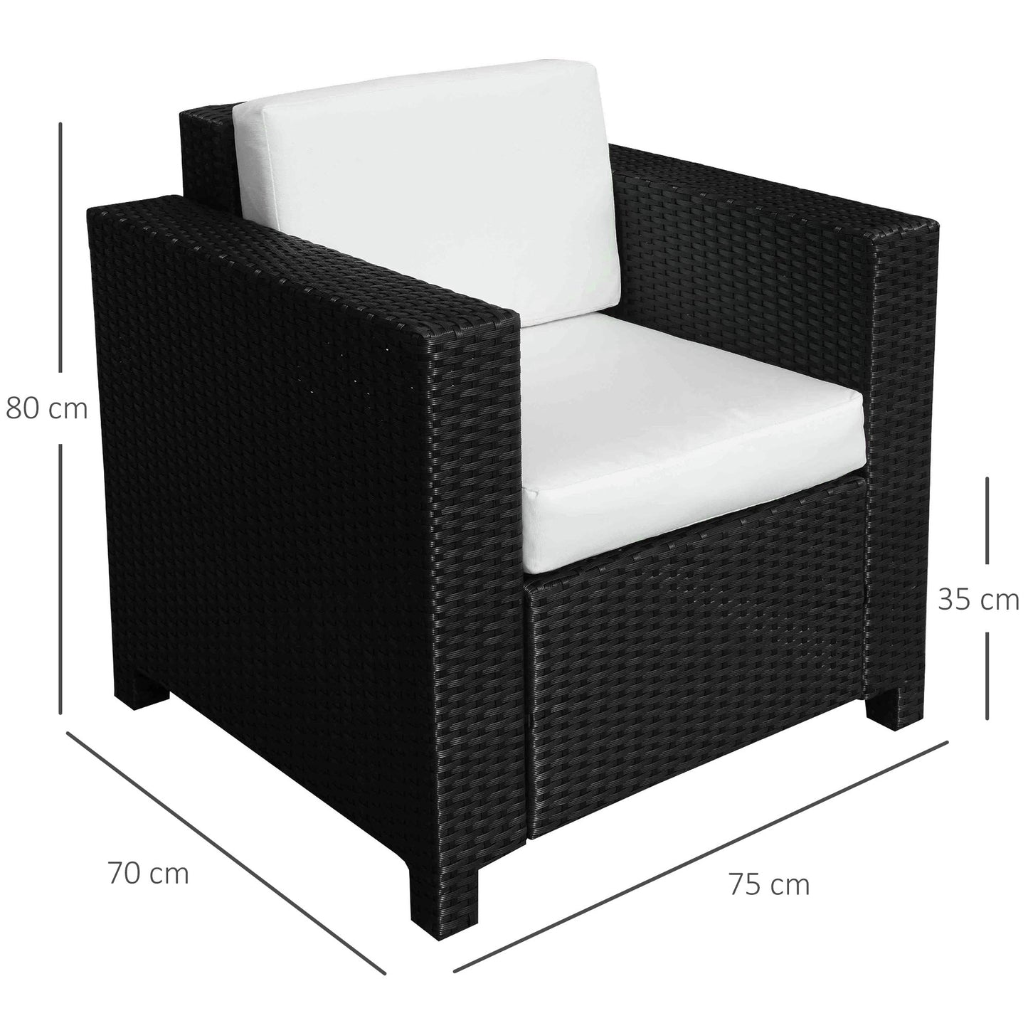 Outsunny Jednoosobowa sofa rattanowa z 10 cm grubą wyściełaną poduszką, fotel ogrodowy z plecionki PE, odporny na warunki atmosferyczne, z podłokietnikami, czarny