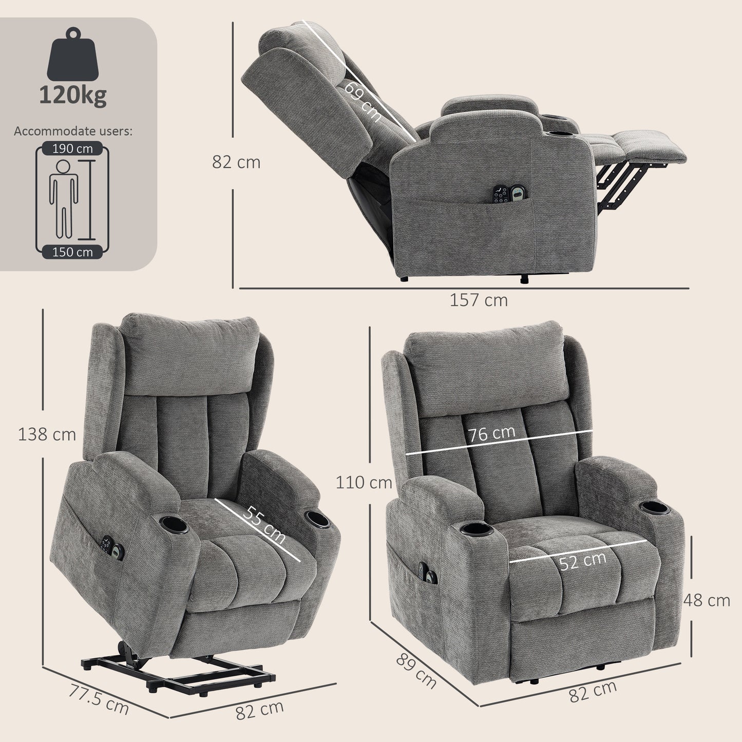 HOMCOM Power Lift Recliner Chair with Vibration Massage and Heat, Chenille Riser and Recliner Armchair for Elderly, Grey