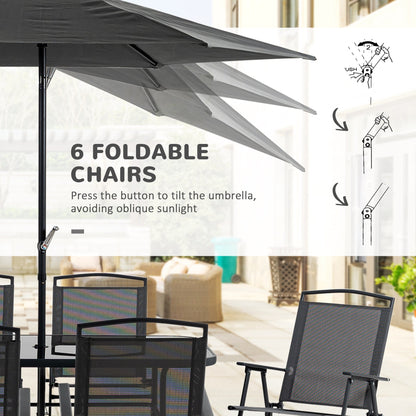 8 Pieces Metal Garden Furniture Set W/ Parasol And Folding Chairs, Patio Dining Set, 6 Seater Outdoor Table and Chairs with Tempered Glass Top, Black