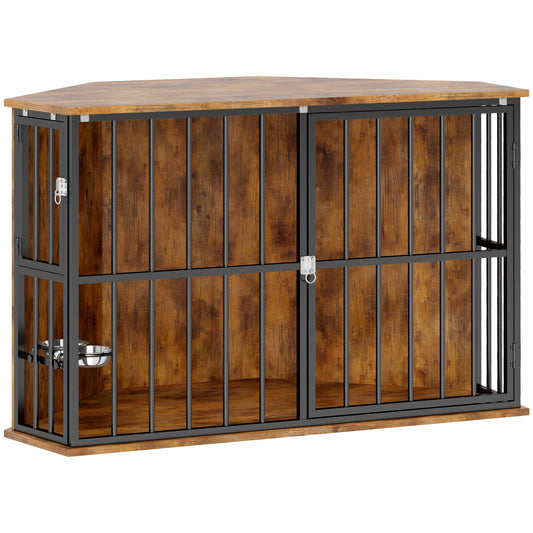 PawHut Corner Dog Crate Furniture z 2 miskami, zamykane drzwi, dla małych i średnich psów, rustykalny brąz