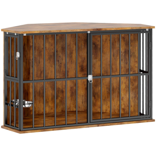 PawHut Corner Dog Crate Furniture with Two Bowls, Lockable Doors, for Small, Medium Dogs, Rustic Brown