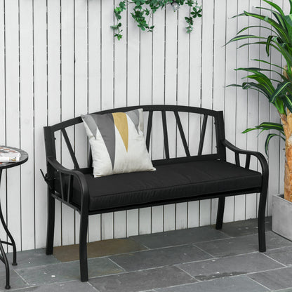 Ławka ogrodowa Outsunny 2-osobowa z poduszką, metalowa sofa dwuosobowa, krzesło parkowe z listewkami, ozdobne oparcie i podłokietniki, kolor czarny