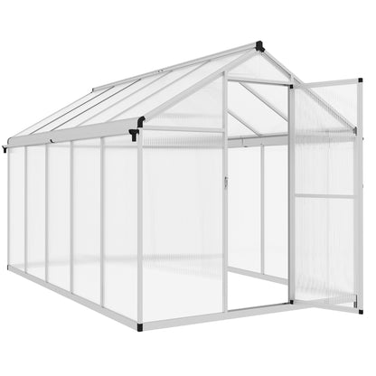 6 x 10ft Polycarbonate Greenhouse With Rain Gutters, Large Walk In With Door and Window, Garden  Grow House With Aluminium Frame and Foundation