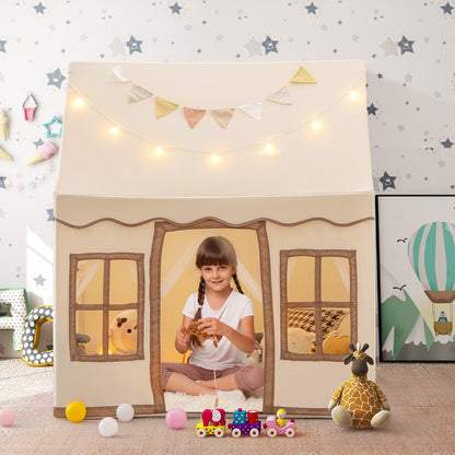 Toddler Large Playhouse with Star String Lights-Brown