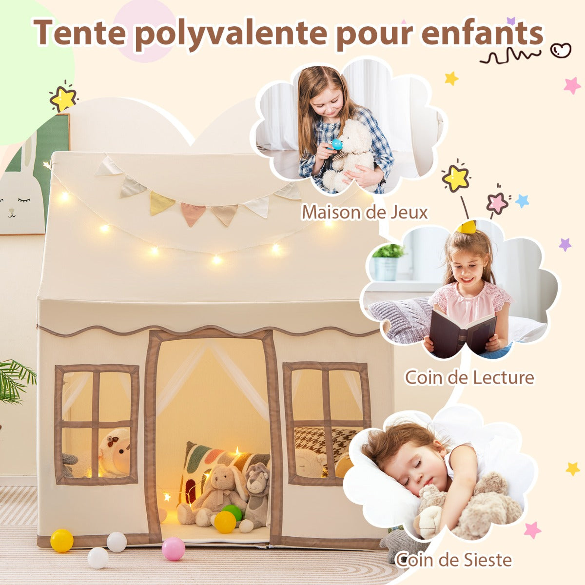 Toddler Large Playhouse with Star String Lights-Brown