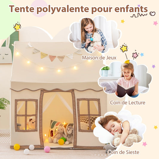 Toddler Large Playhouse with Star String Lights-Brown