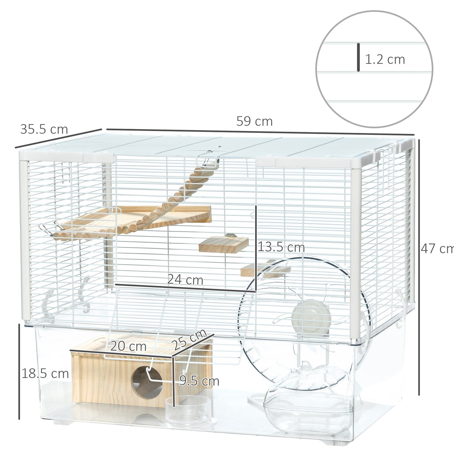 PawHut Hamster Cage, Gerbil Cage with Wooden Ramp, Exercise Wheel, Food Bowl - White