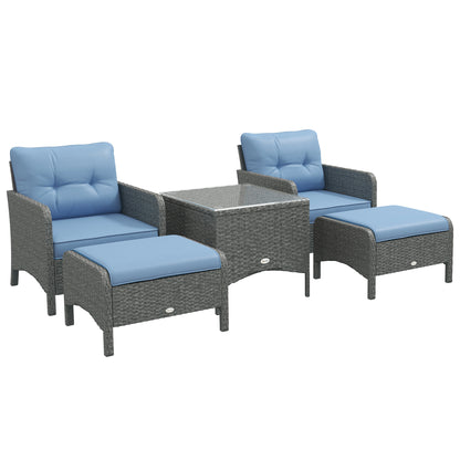 مجموعة أثاث حديقة Outsunny مكونة من 5 قطع من PE Rattan، مجموعة أريكة خارجية من الخيزران مع كرسيين بذراعين ومقعدين ووسائد طاولة زجاجية علوية، أزرق