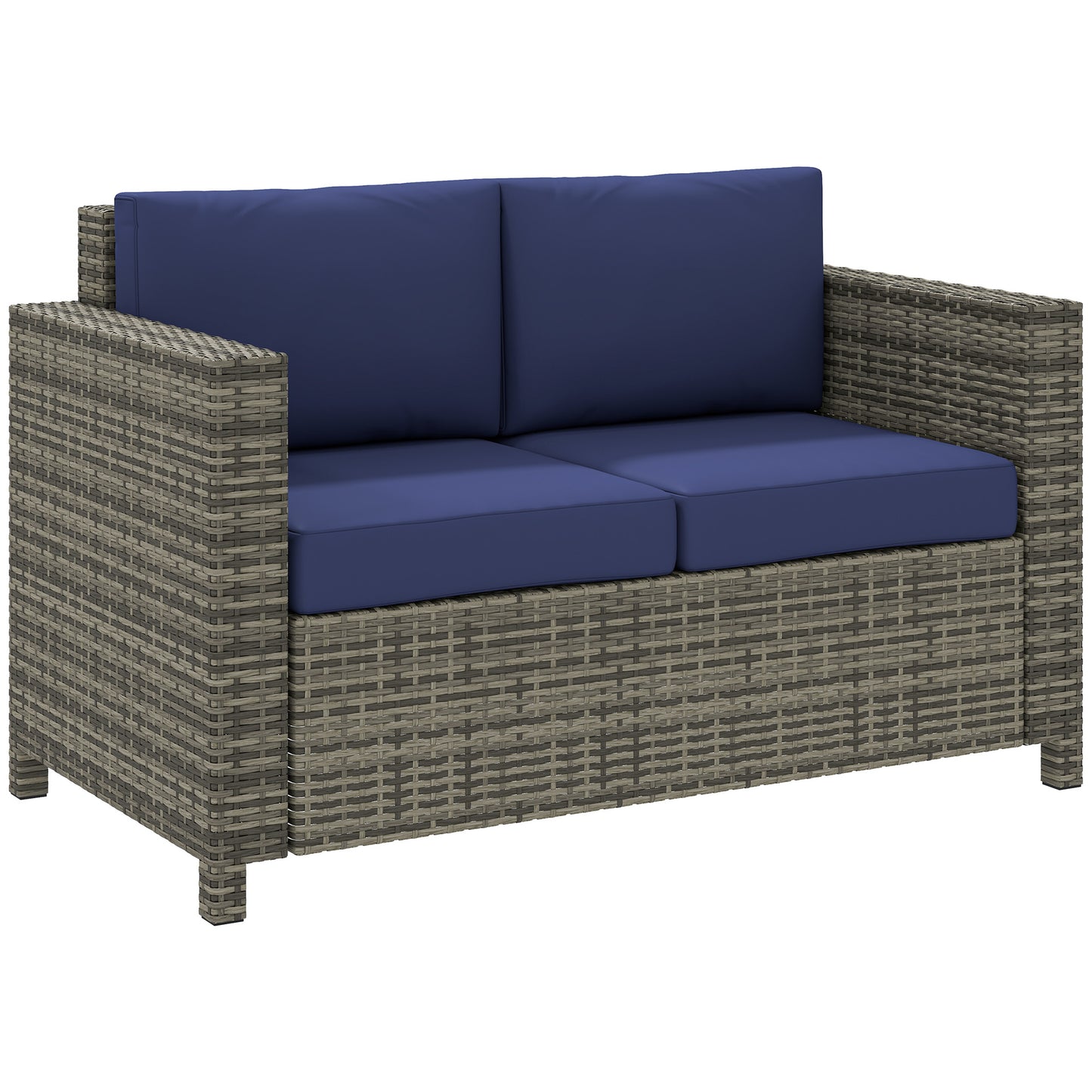 Outsunny 2-osobowe meble ogrodowe, sofa rattanowa z miękką wyściełaną poduszką i podłokietnikami, wiklinowa ogrodowa sofa dwuosobowa na patio, granatowa