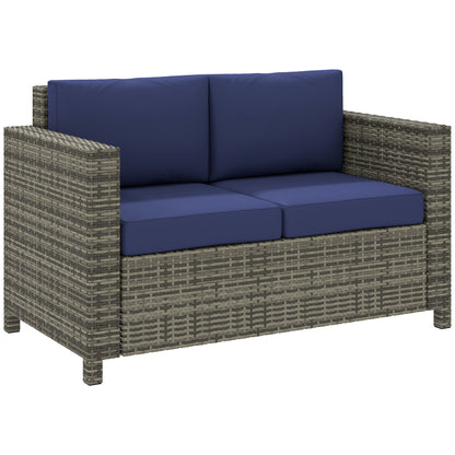 Outsunny 2-osobowe meble ogrodowe, sofa rattanowa z miękką wyściełaną poduszką i podłokietnikami, wiklinowa ogrodowa sofa dwuosobowa na patio, granatowa