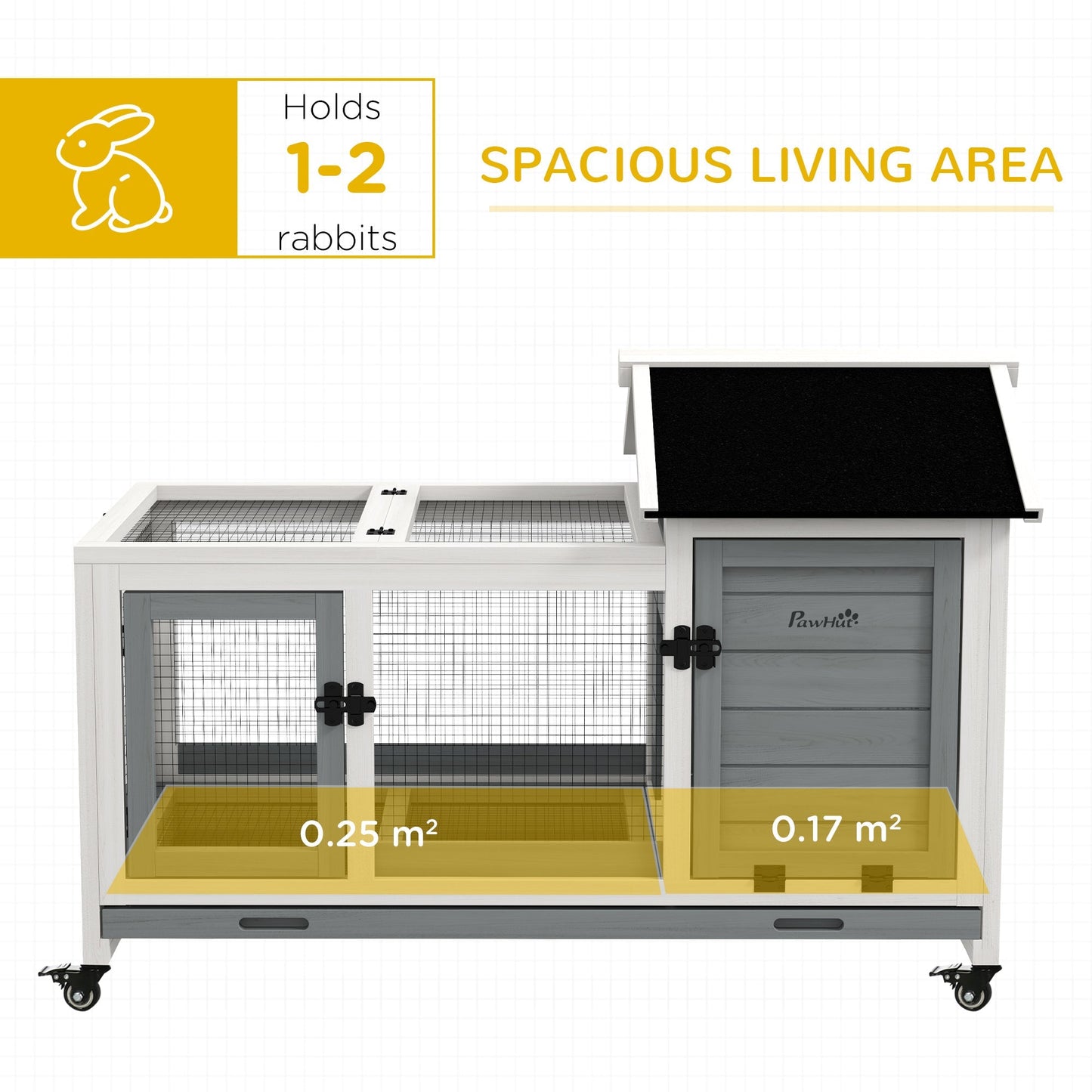 PawHut Wooden Rabbit Hutch, Guinea Pig Cage, with Removable Tray, Wheels - Grey