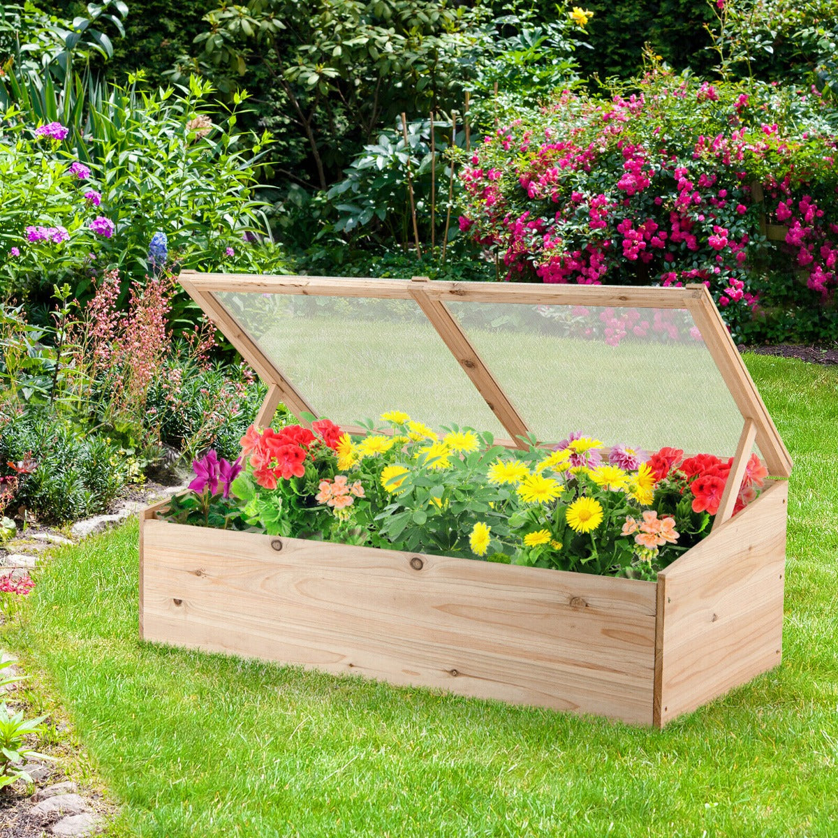 Wooden Plant Stand with Transparent Top Cover and Supporting Rods