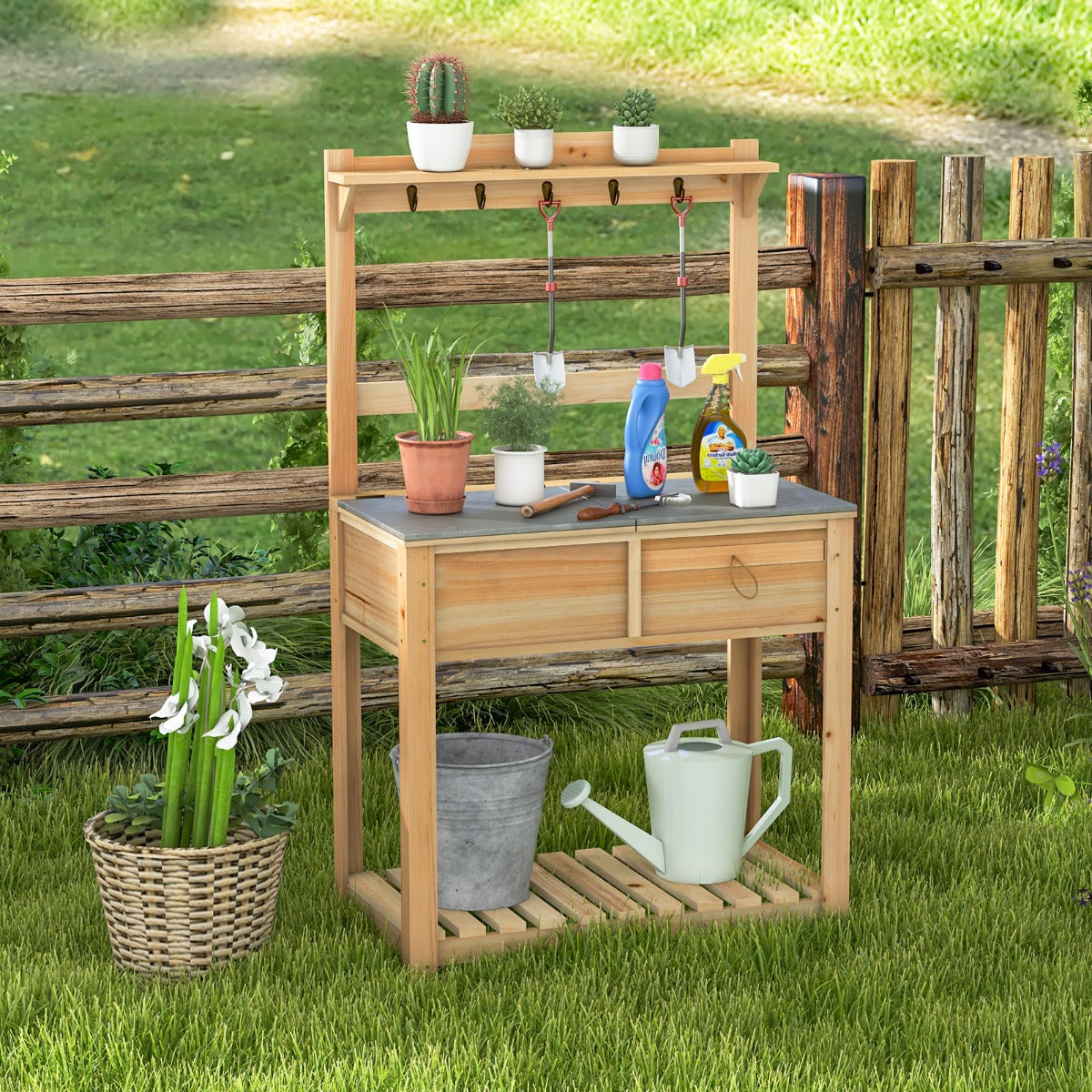 Wooden Garden Potting Table with Flip-open Galvanized Tabletop