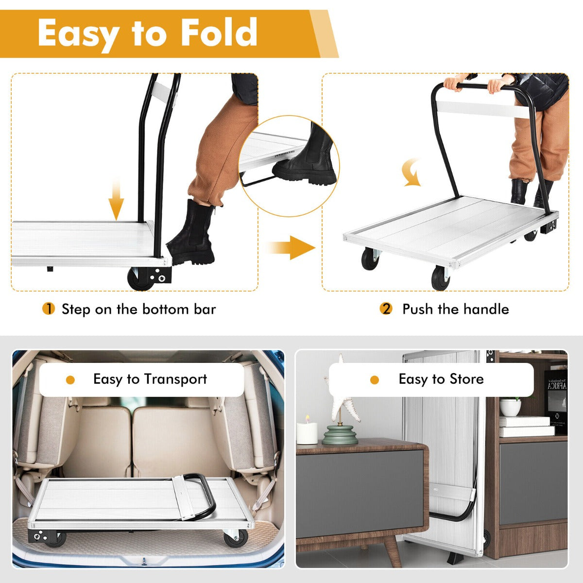 Folding Aluminum Alloy Platform Truck with 4 TPR Wheels and Handle