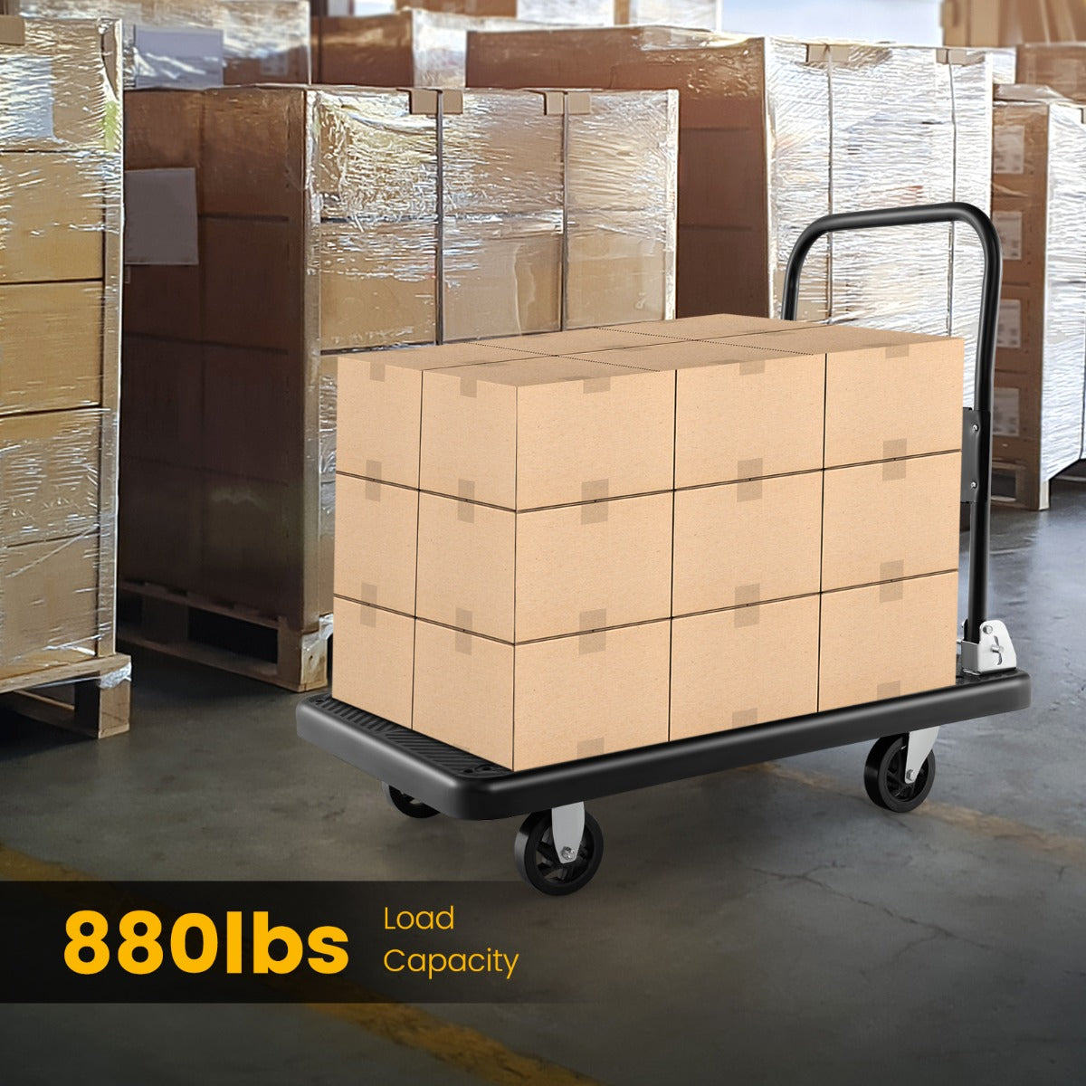 Push Cart Dolly with 400kg Weight Capacity and 360° Swivel Wheels-Black