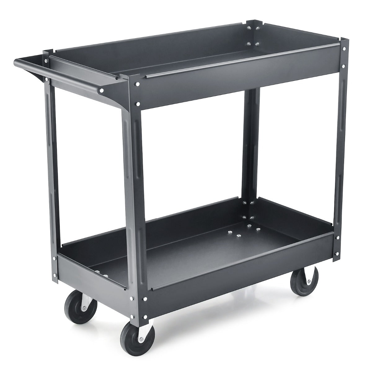 2 Tiers Tool Trolley with Handle and 4 Wheels-Black