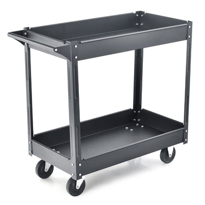 2 Tiers Tool Trolley with Handle and 4 Wheels-Black