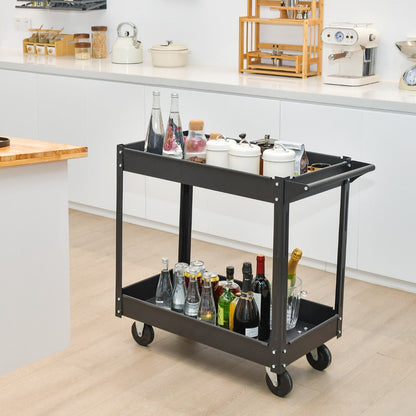 2 Tiers Tool Trolley with Handle and 4 Wheels-Black