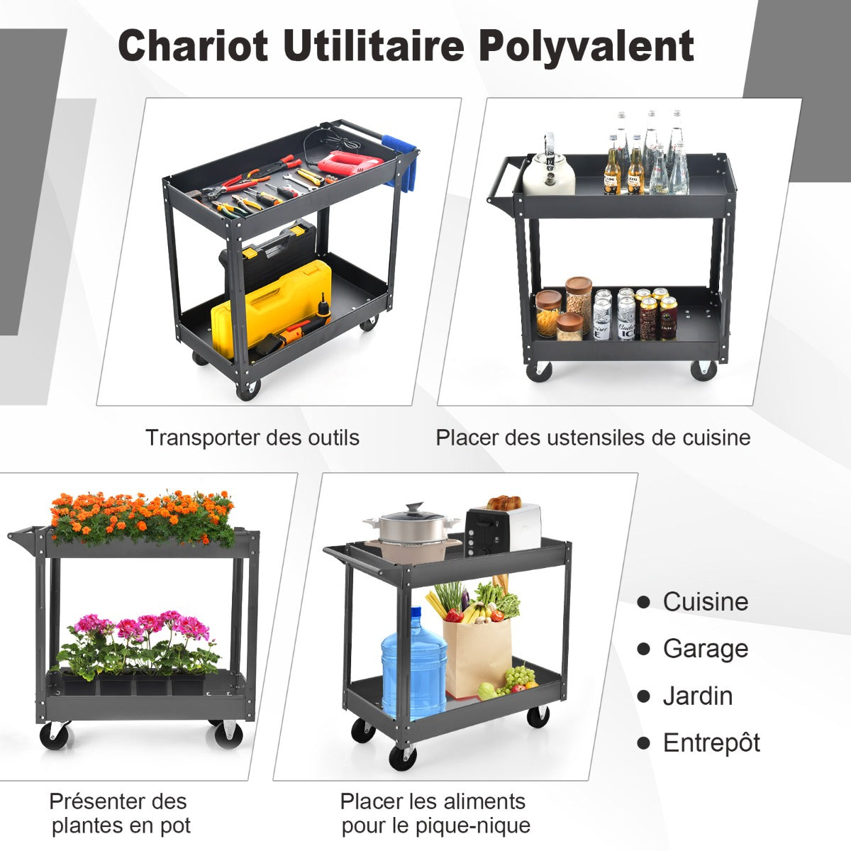 2 Tiers Tool Trolley with Handle and 4 Wheels-Black