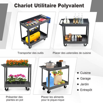 2 Tiers Tool Trolley with Handle and 4 Wheels-Black