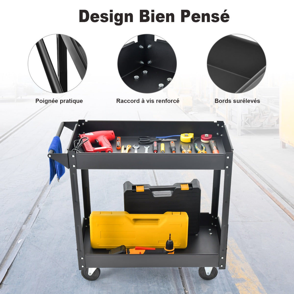 2 Tiers Tool Trolley with Handle and 4 Wheels-Black