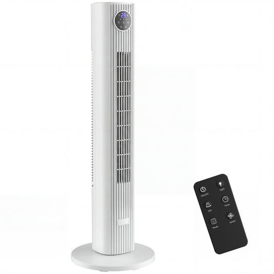 HOMCOM 28dB Tower Fan for Bedroom, 26 ft/s Velocity Standing Cooling Fan with 80Â° Oscillating, 12 Speeds, LED Display, 4 Modes, 12H Timer, Remote Control, 36 inch, White