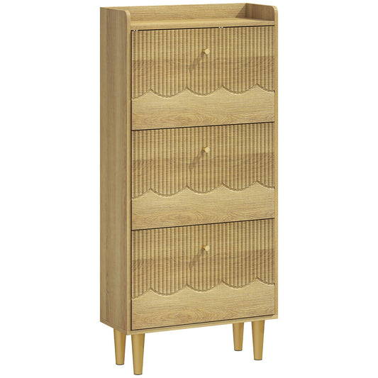HOMCOM Narrow Shoe Cabinet, Modern Shoe Storage Cabinet with 3 Flip Drawers, Oak
