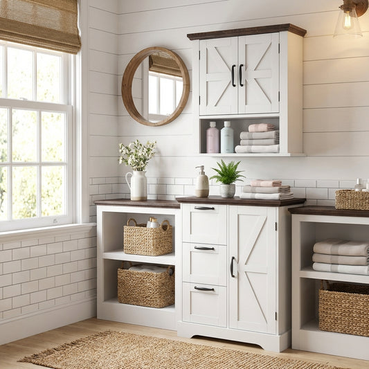The Rustic Barn Collection - Bathroom Wall Cabinet and 3-Drawer Floor Cabinet costway
