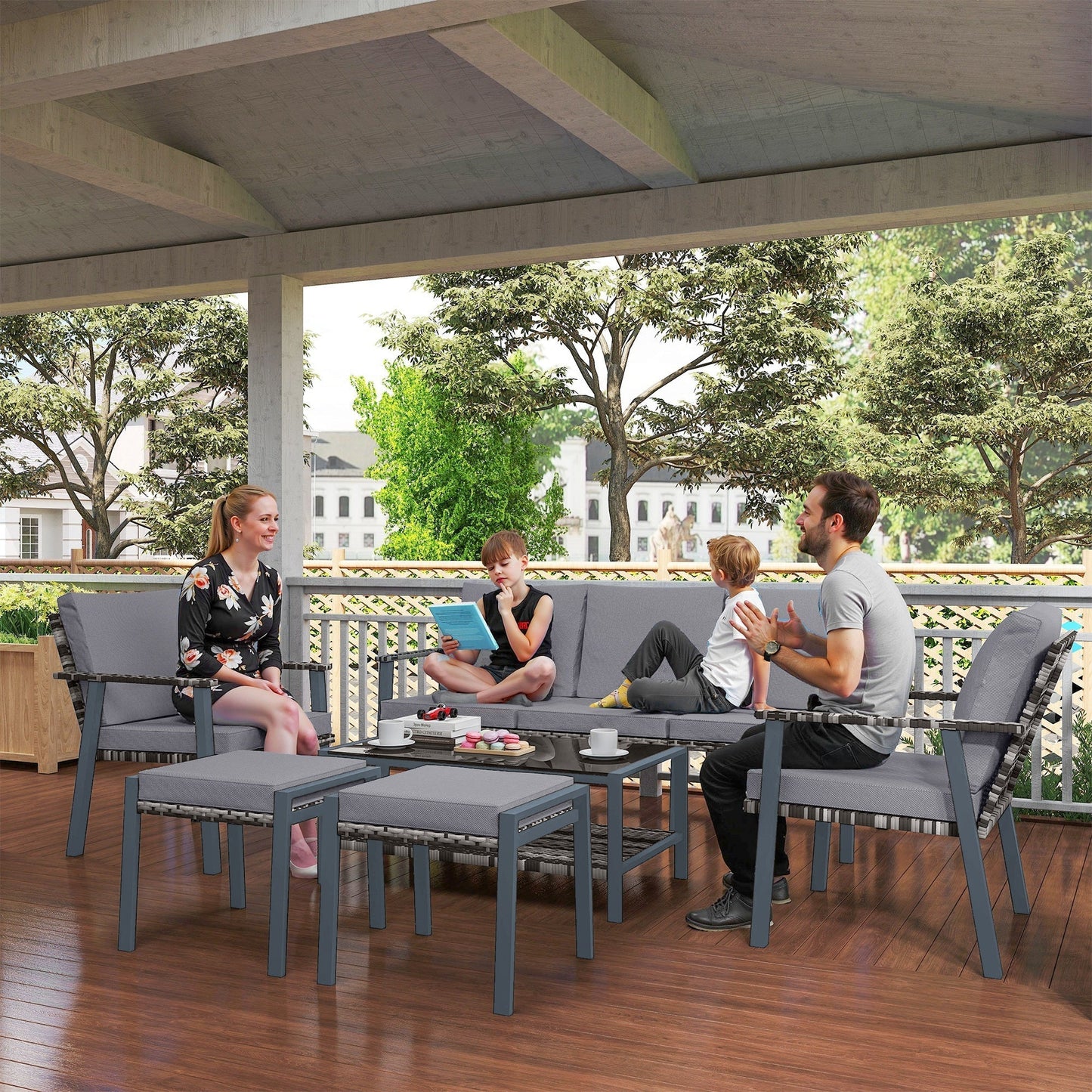 Outsunny Six-Piece Rattan Garden Sofa Set - Grey