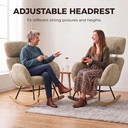 HOMCOM Upholstered Rocking Chair Adjustable Headrest Rocker Chair Raindrop Velvet Rubberwood Base Light Brown