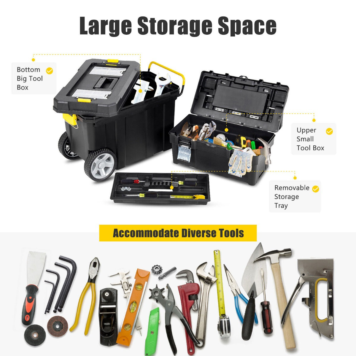 2 Piece Rolling Portable Tool Storage Box Set with Pulling Handle