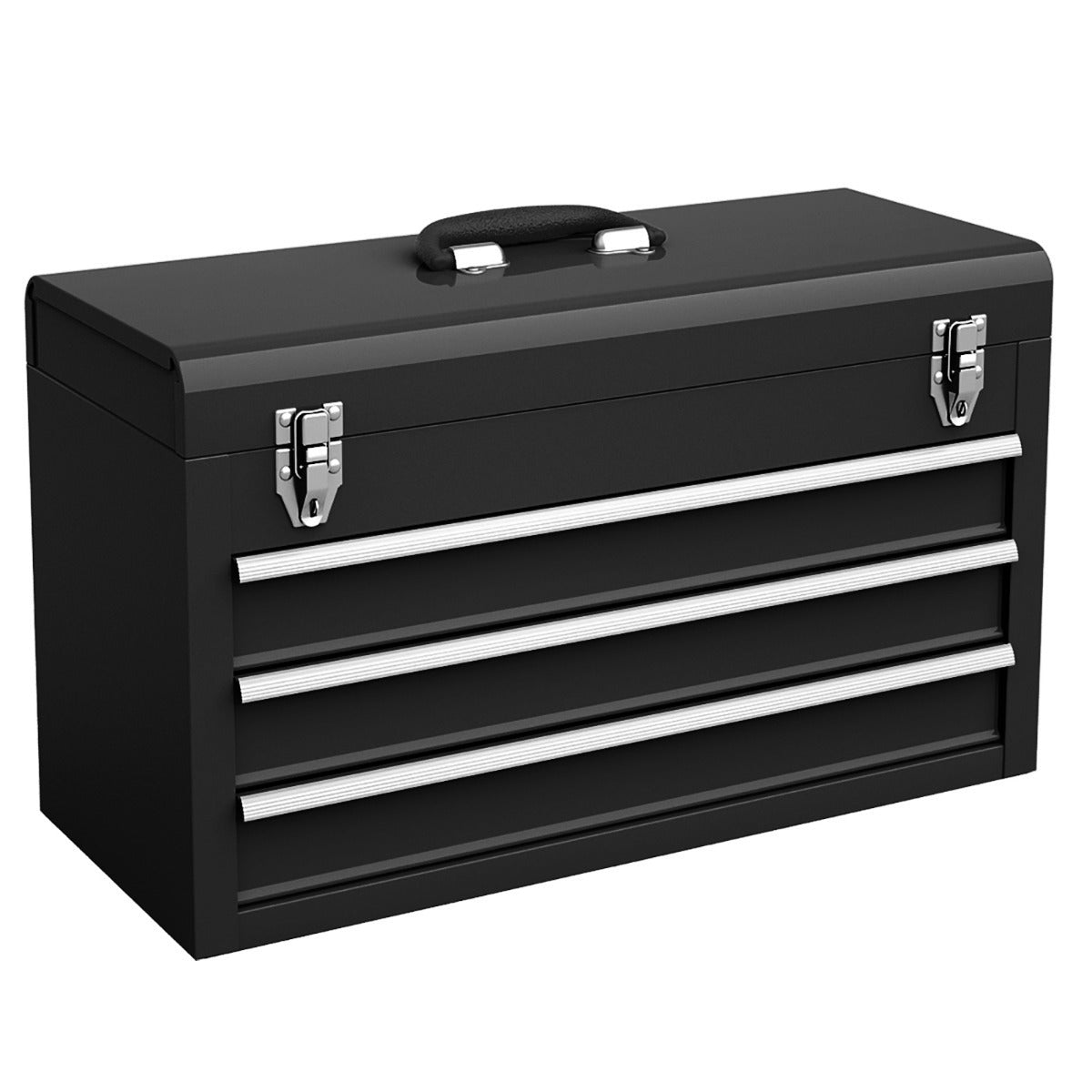 Portable Metal Tool Box with 3 Drawers and Storage Tray, Tool Case 52cm Black
