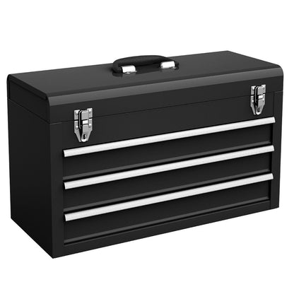 Portable Metal Tool Box with 3 Drawers and Storage Tray, Tool Case 52cm Black