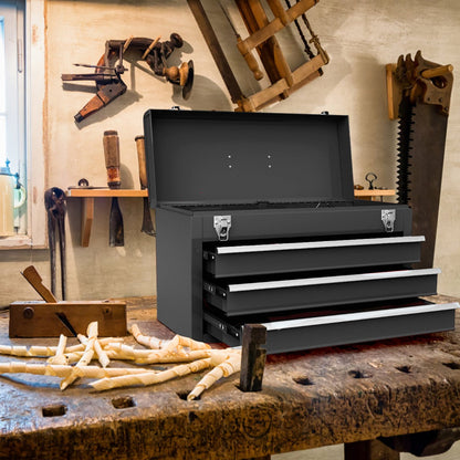 Portable Metal Tool Box with 3 Drawers and Storage Tray, Tool Case 52cm Black